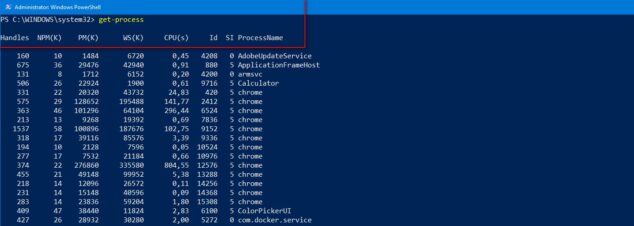 Powershell Get Process Handles NPM PM WS 